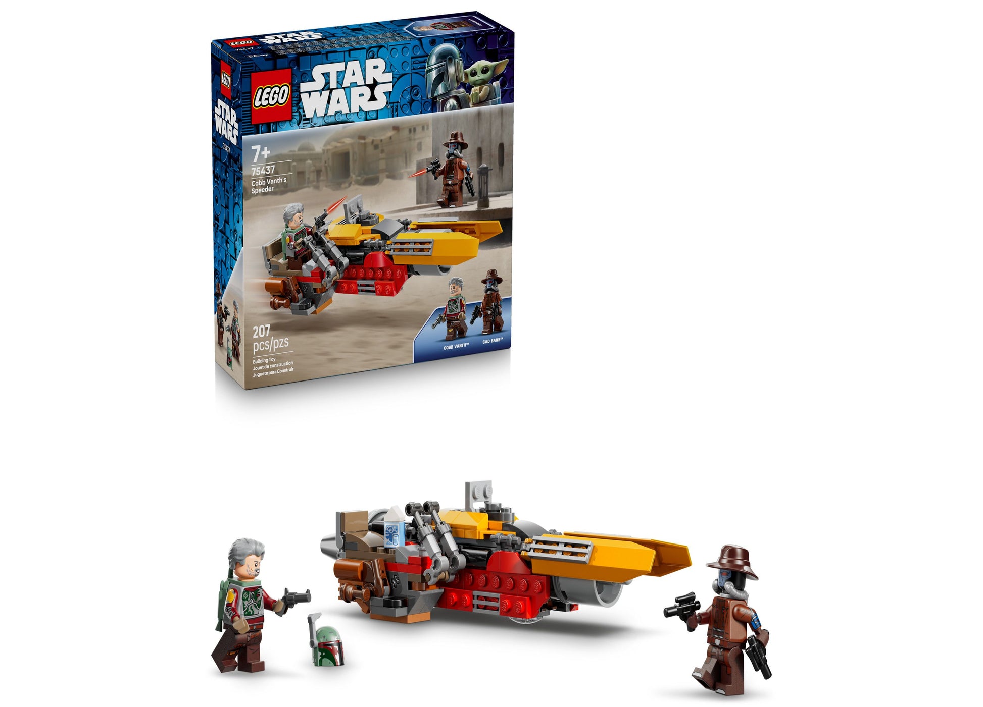 LEGO Star Wars Cobb Vanth's Speeder 75437 building set with yellow and red speeder vehicle and minifigures