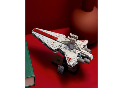 LEGO Star Wars Venator-Class Attack Cruiser 75441 white and red spaceship building set displayed on red surface