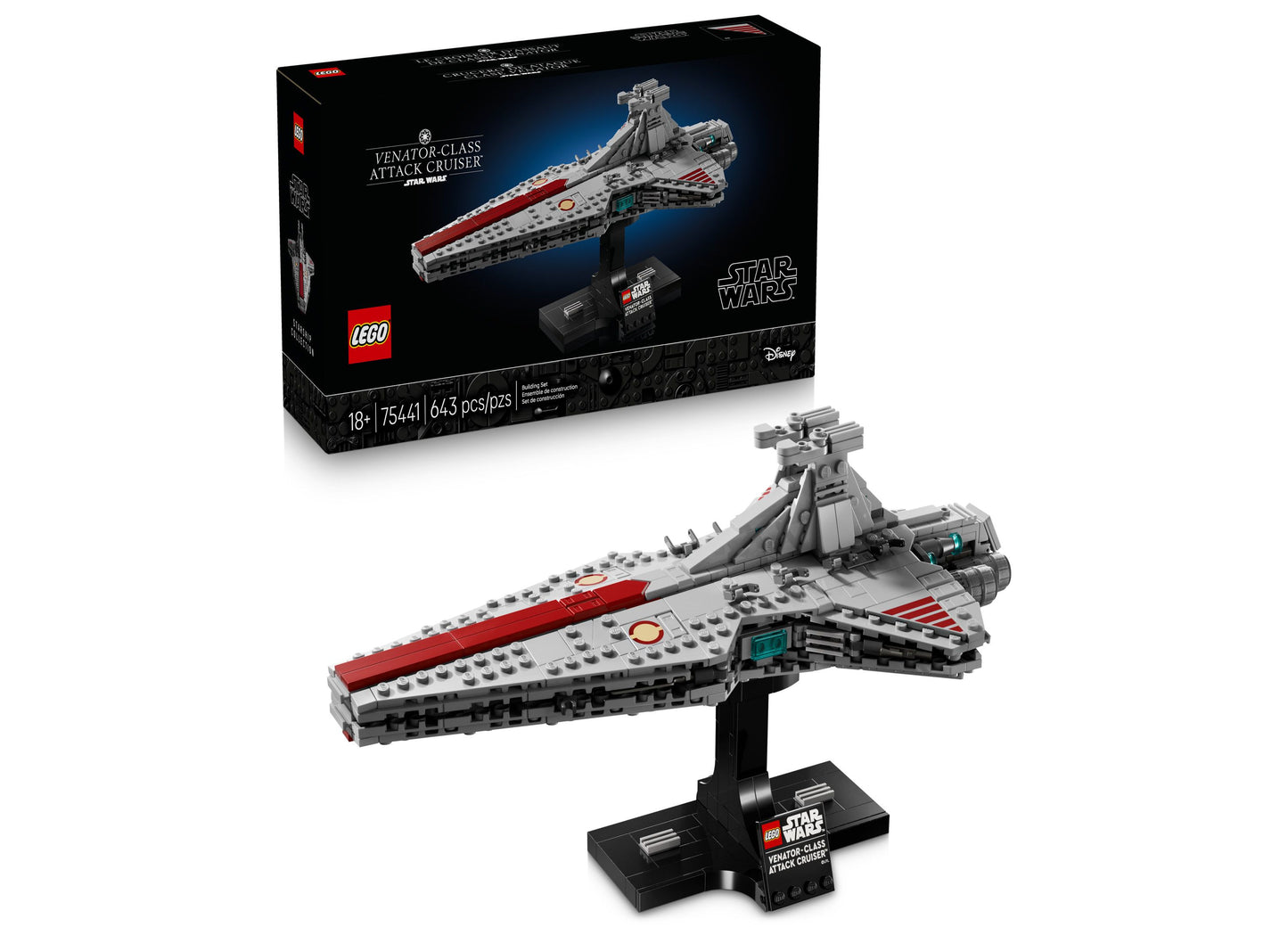 LEGO Star Wars Venator-Class Attack Cruiser 75441 with red and gray starship and display stand