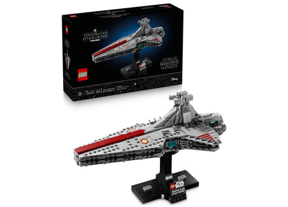 LEGO Star Wars Venator-Class Attack Cruiser 75441 with red and gray starship and display stand