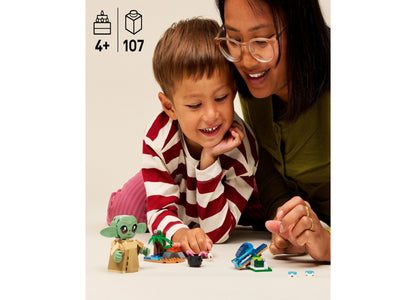 LEGO Star Wars Grogu's Homestead 75443 building set with 107 pieces, displayed with adult and child playing