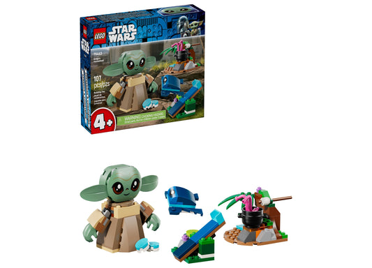 LEGO Star Wars Grogu's Homestead 107-piece set with green Grogu figure, stone hut, blue hopping frog, and forest acce...