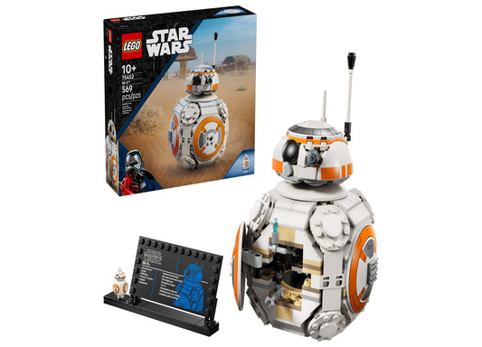 LEGO Star Wars BB-8 Astromech Droid Building Set with 569 pieces, featuring orange and white spherical droid with rot...