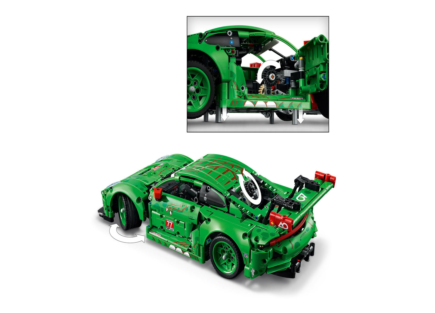 LEGO Technic Porsche 911 GT3 R green racing car with detailed engine and moving parts
