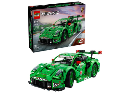 LEGO Technic Porsche 911 GT3 R green racing car with opening doors and detailed engine