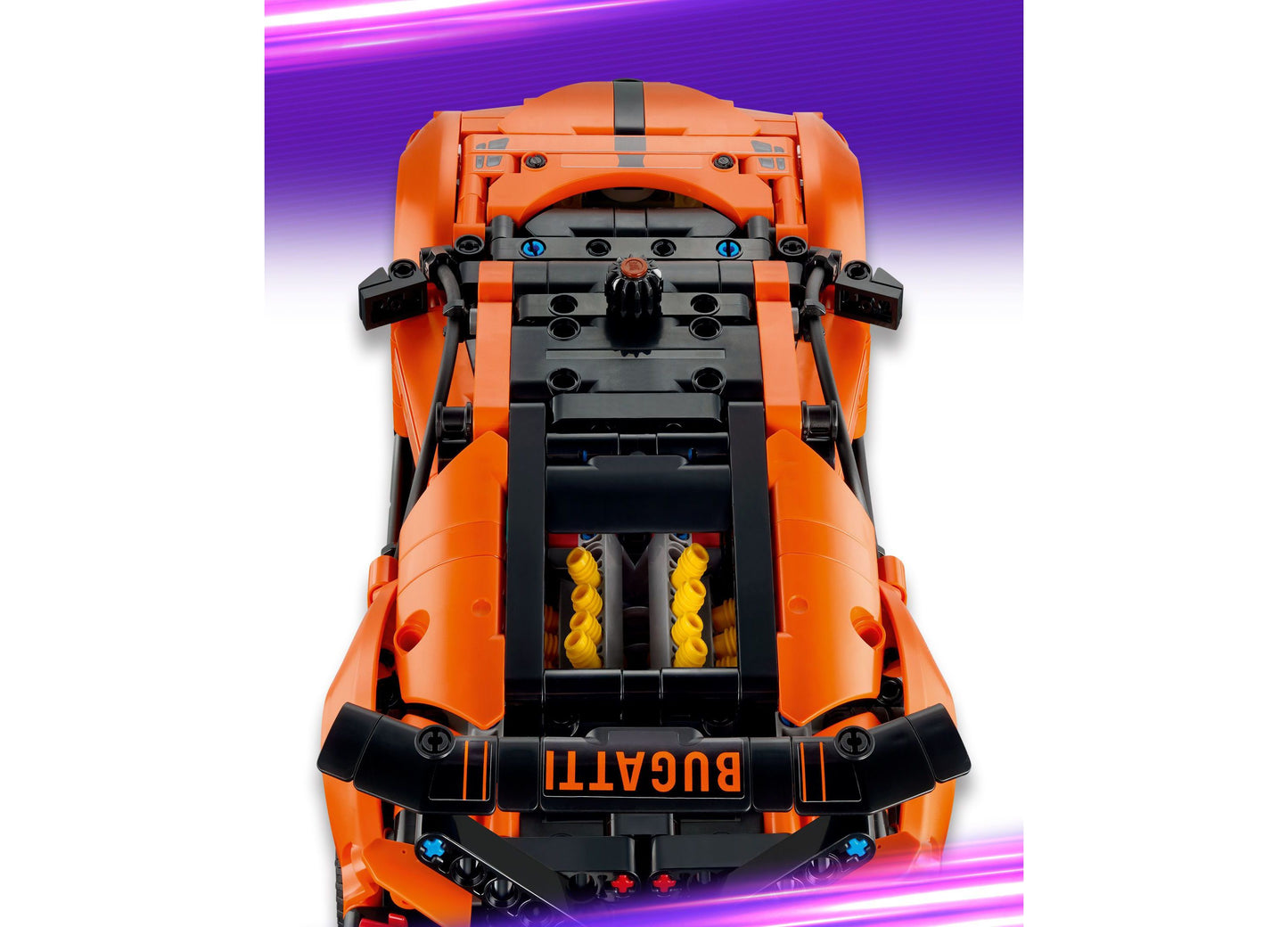 LEGO Technic Bugatti Chiron Pur Sport orange hypercar toy with black details, top view