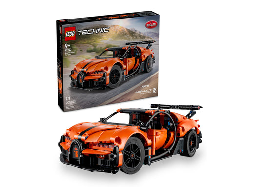 LEGO Technic Bugatti Chiron Pur Sport orange hypercar with black accents, open door, and rear wing displayed next to ...