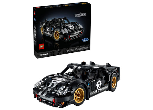 LEGO Technic 1966 Ford GT40 MKII Race Car Building Set with black body, white racing stripes, and gold wheels