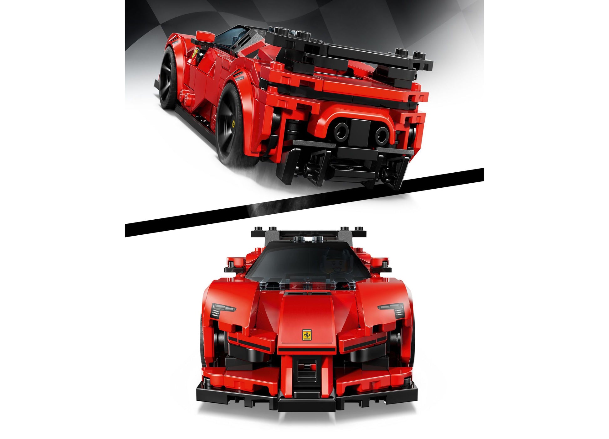 LEGO Speed Champions Ferrari SF90 XX Stradale red and black sports car building toy set shown from rear and front angles