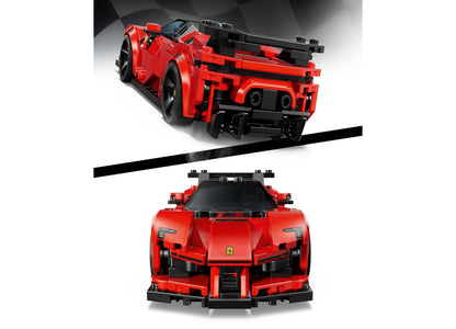 LEGO Speed Champions Ferrari SF90 XX Stradale red and black sports car building toy set shown from rear and front angles