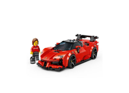 LEGO Speed Champions Ferrari SF90 XX Stradale red sports car with minifigure and racing accessories