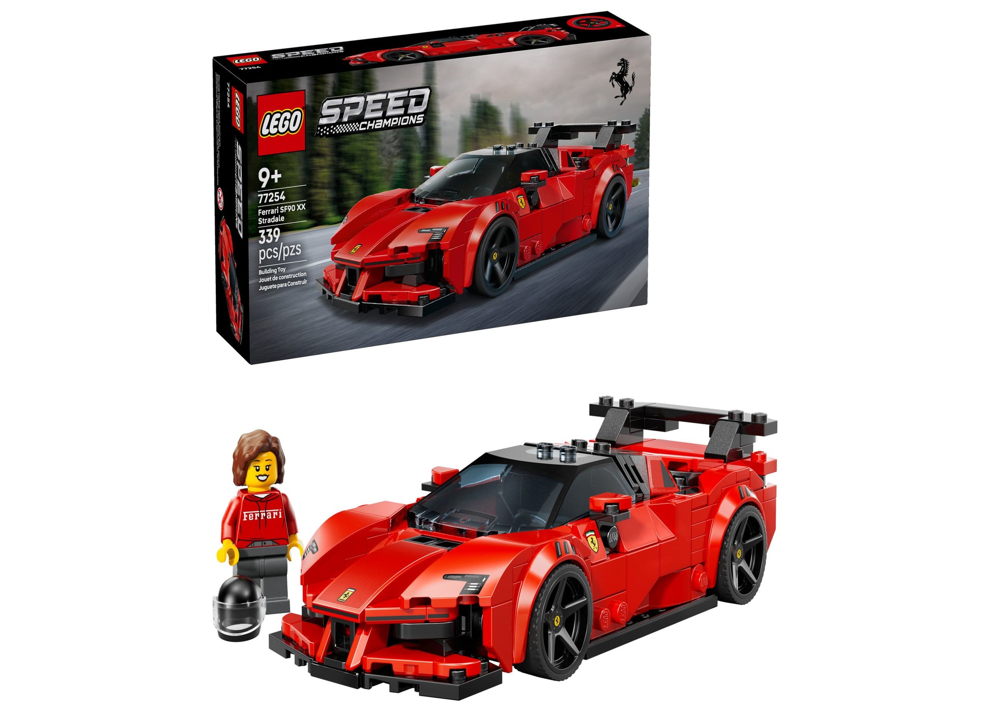 LEGO Speed Champions Ferrari SF90 XX Stradale red sports car set with minifigure