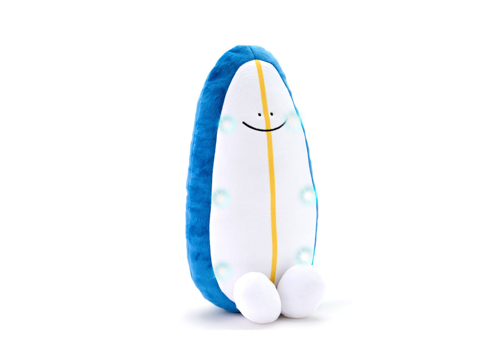 Geoffrey's Toy Box 11-inch Surfboard Plush with blue back, white front, yellow stripe, and smiling face