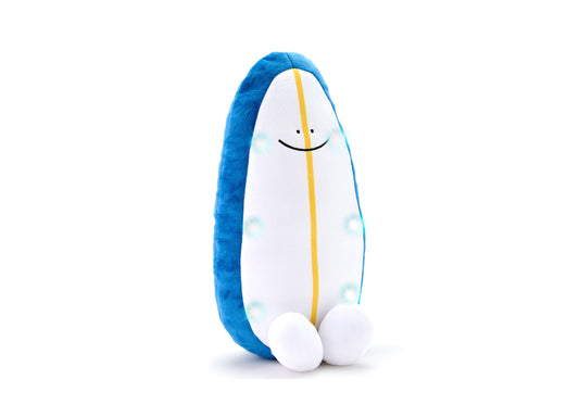 Geoffrey's Toy Box 11-inch Sports Surfboard Plush with smiling face, blue back, white front, yellow center stripe, an...
