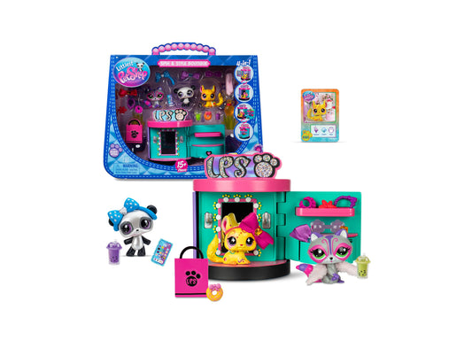 Littlest Pet Shop Spin and Style Boutique Playset with turquoise and pink styling station, three pet characters, and ...