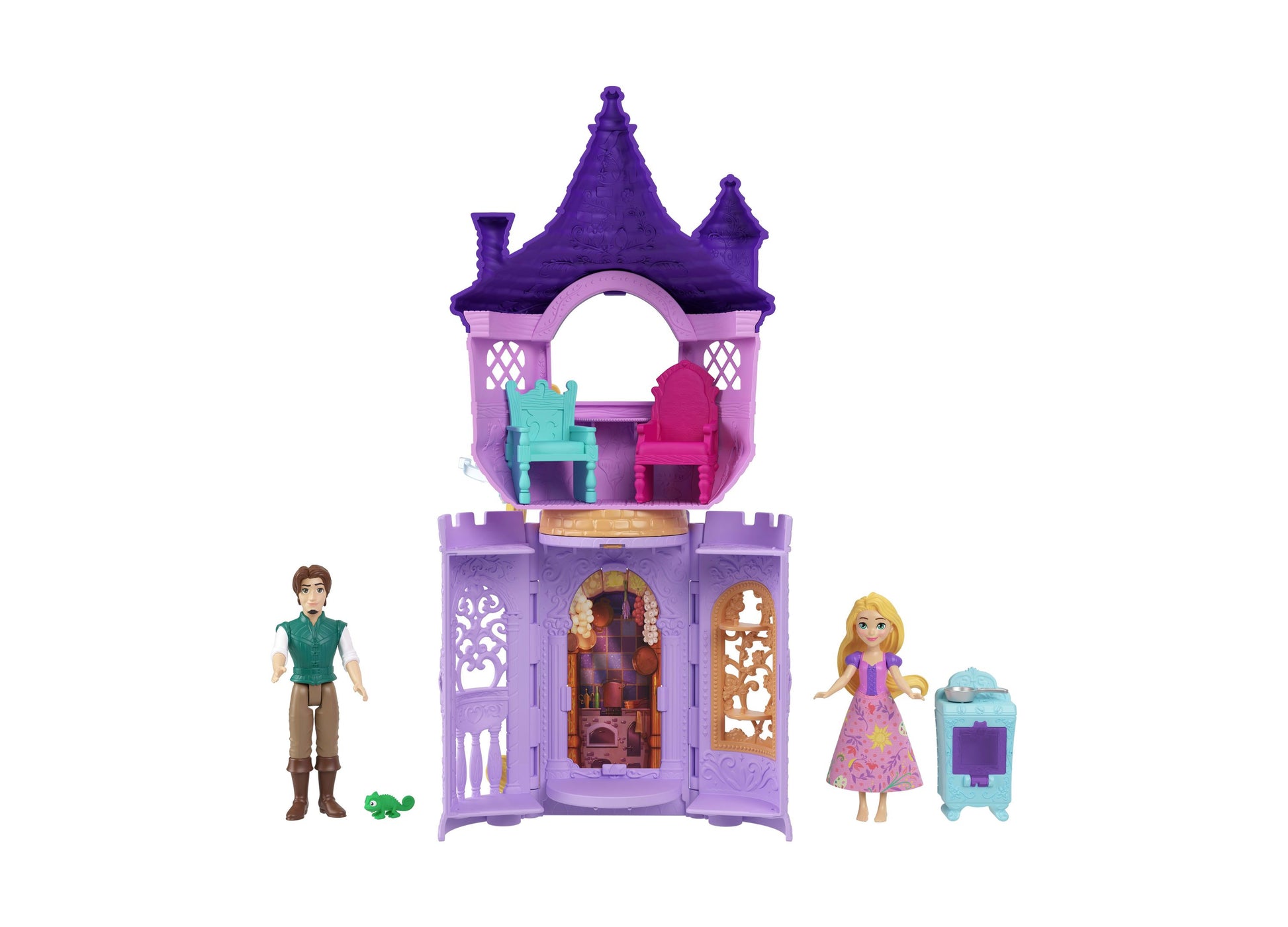 Purple tower playset with two turrets and arched doorway, includes blonde doll in pink dress, male doll in green vest, small turtle figurine, and turquoise robo