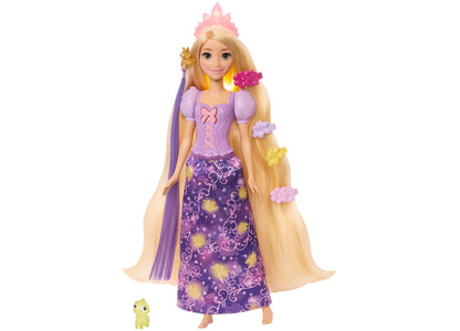 Disney Princess Light-Up Hair Rapunzel doll with long blonde and purple hair, pink crown, purple gown with star pattern, puff sleeves, and small yellow companio