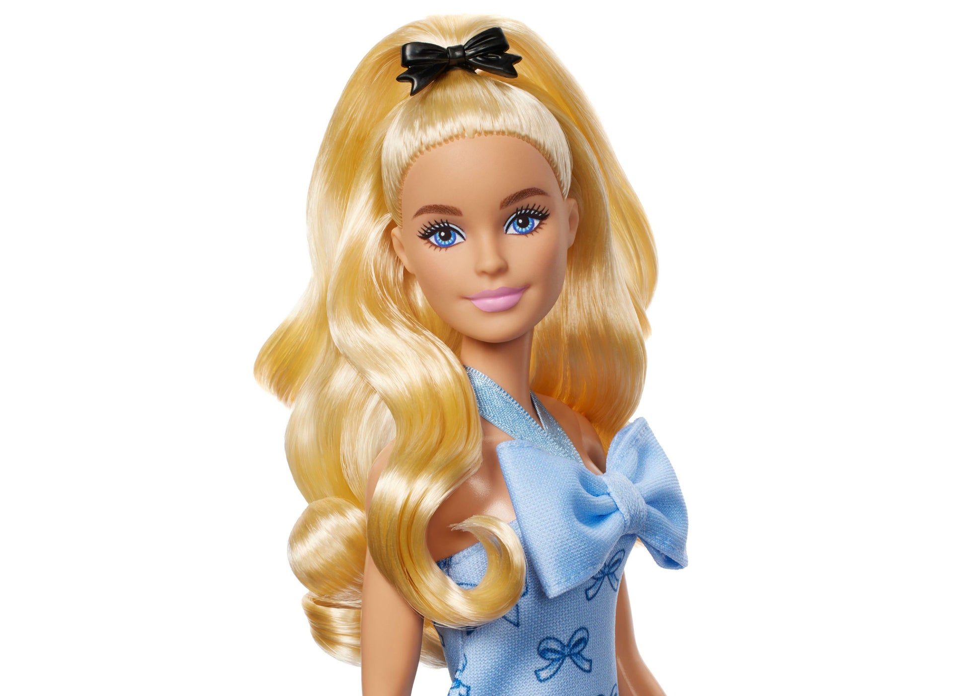 Barbie Fashionistas Doll with blonde hair, black bow, and blue halter dress