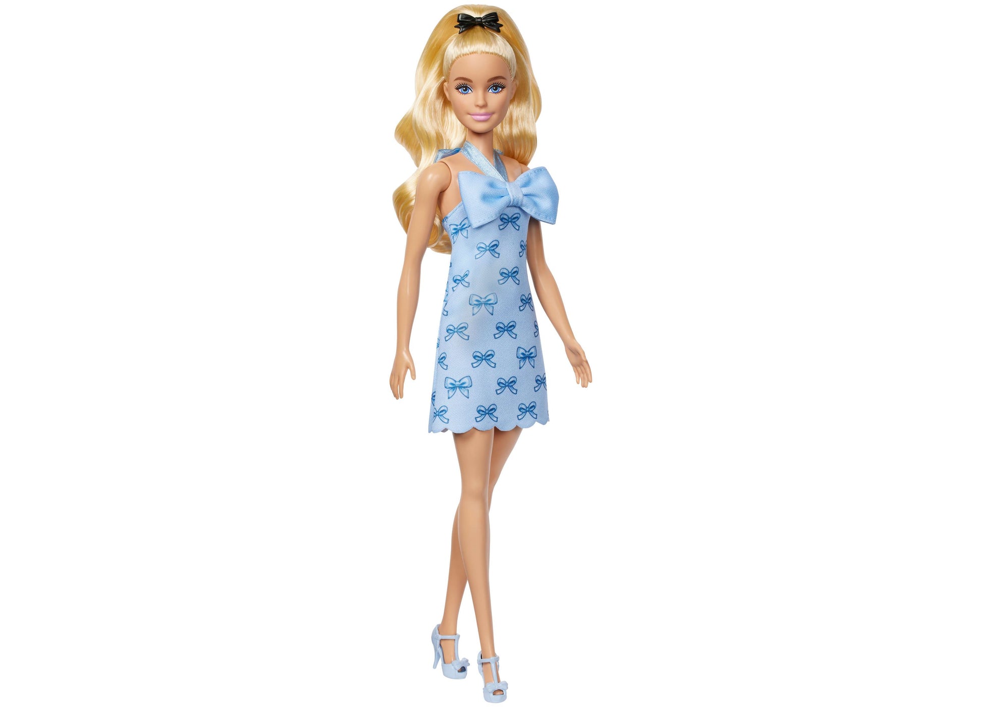 Barbie Fashionistas Doll in light blue bow halter dress with blonde hair and black bow headband
