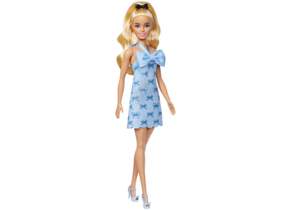 Barbie Fashionistas Doll in light blue bow halter dress with blonde hair and black bow headband
