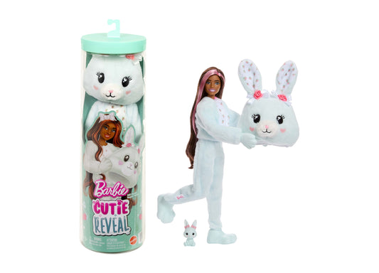 Barbie Cutie Reveal Cuddly Bunny Series doll with brunette hair in bunny costume, holding white plush bunny with pink floral ears, shown with packaging and mini