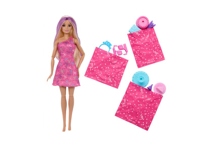 Barbie Rise & Surprise Pet Birthday Series doll with purple hair in pink dress, surrounded by pink gift box packaging...