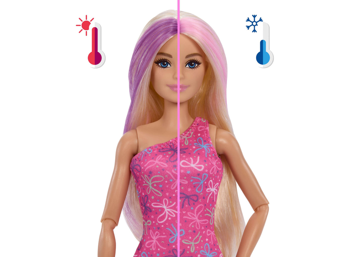 Barbie Rise & Surprise Pet Birthday Series doll with purple and blonde hair, pink floral dress, shown with hot and co...