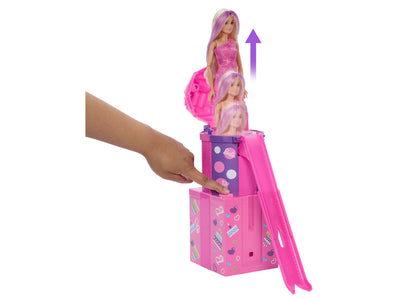 Barbie Rise & Surprise Pet Birthday Series doll set with pink gift box packaging and stacked surprises
