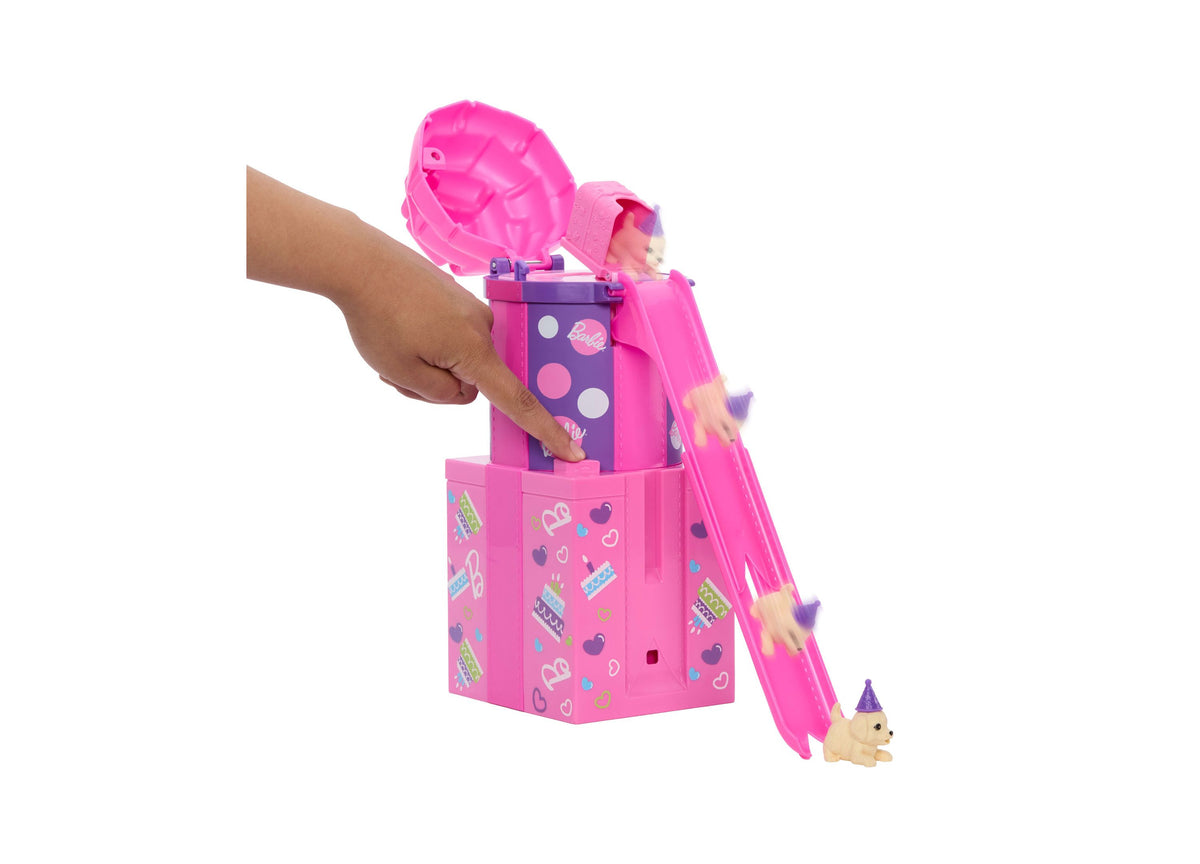 Barbie Rise & Surprise Pet Birthday Series pink gift box with doll, pet, and slide accessories