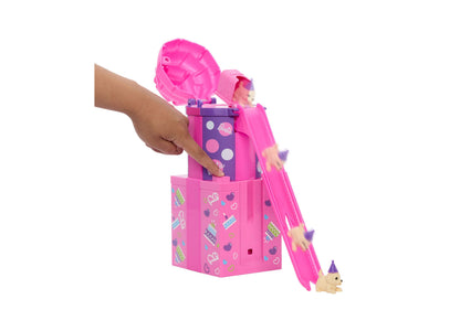 Barbie Rise & Surprise Pet Birthday Series pink gift box with doll, pet, and slide accessories