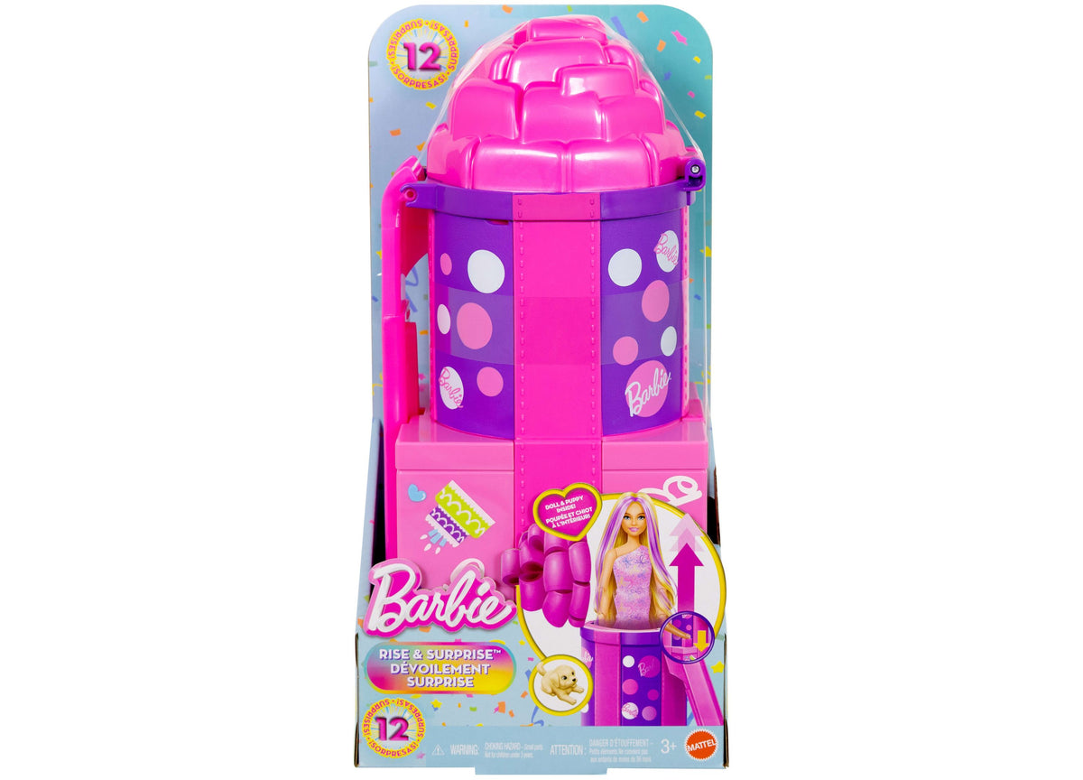 Barbie Rise & Surprise Pet Birthday Series doll in gift box-shaped packaging with pink and purple polka dot design an...