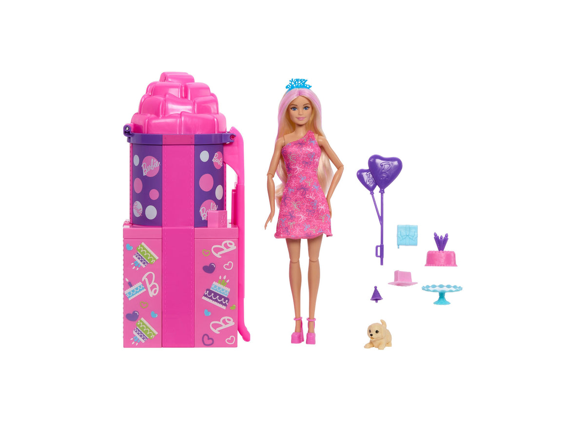 Barbie Rise & Surprise Pet Birthday Series doll with pink gift box packaging, accessories, and pet companion