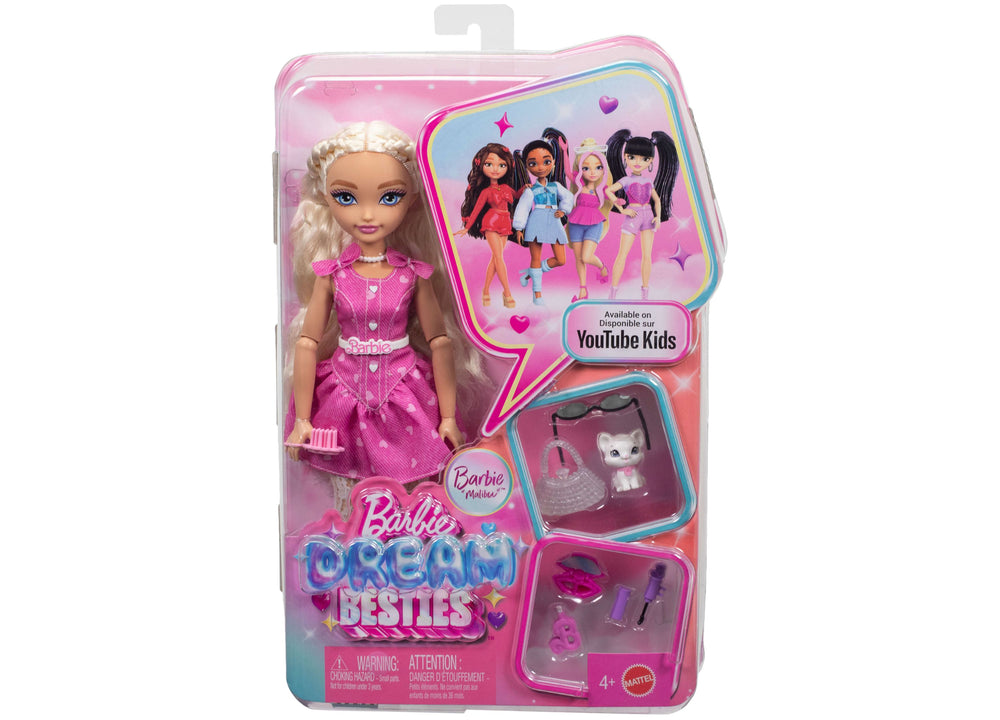 Barbie Dream Besties Malibu Doll in pink dress with blonde hair and accessories