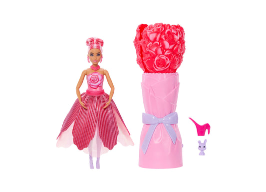 Barbie Petal Pop Scented doll with pink rose-patterned hair wearing striped pink dress, shown with flower-shaped carrying case, hot pink heels accessory, and sm