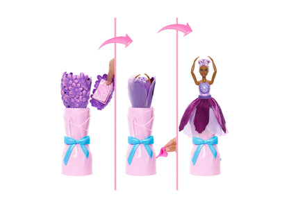 Barbie Petal Pop Scented Fashion Doll with flower bouquet packaging, floral bodice, and petal skirt in purple and pink