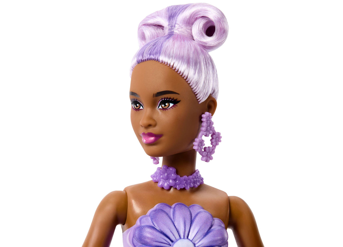 Barbie Petal Pop Scented Fashion Doll with purple hair in buns, purple flower bodice, petal skirt, matching earrings ...