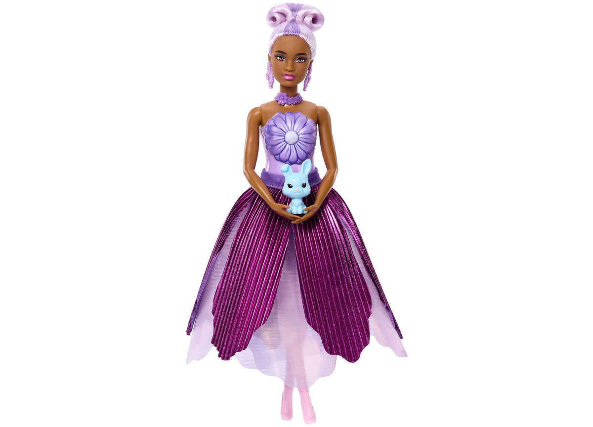 Barbie Petal Pop Scented Fashion Doll with purple hair, flower bodice, petal skirt, and accessory pet