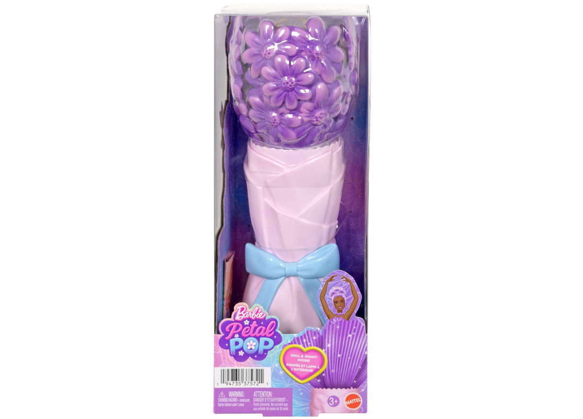 Barbie Petal Pop Scented Fashion Doll in flower bouquet packaging with purple blooms, pink wrap, and blue bow