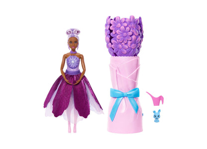 Barbie Petal Pop Scented Fashion Doll with purple flower bouquet packaging, floral bodice, petal skirt, and accessories