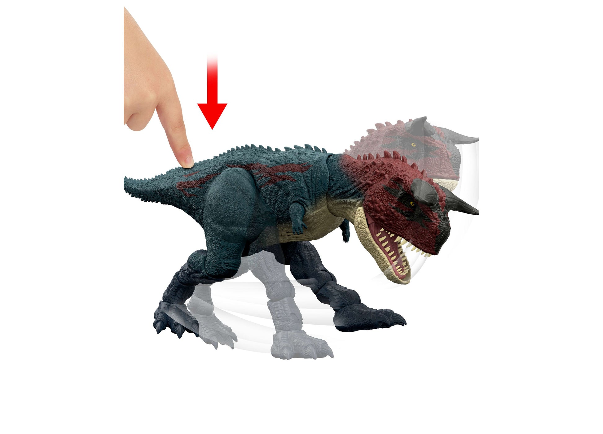 Jurassic World Charge N Chomp Carnotaurus dinosaur toy with roaring mouth and red horns