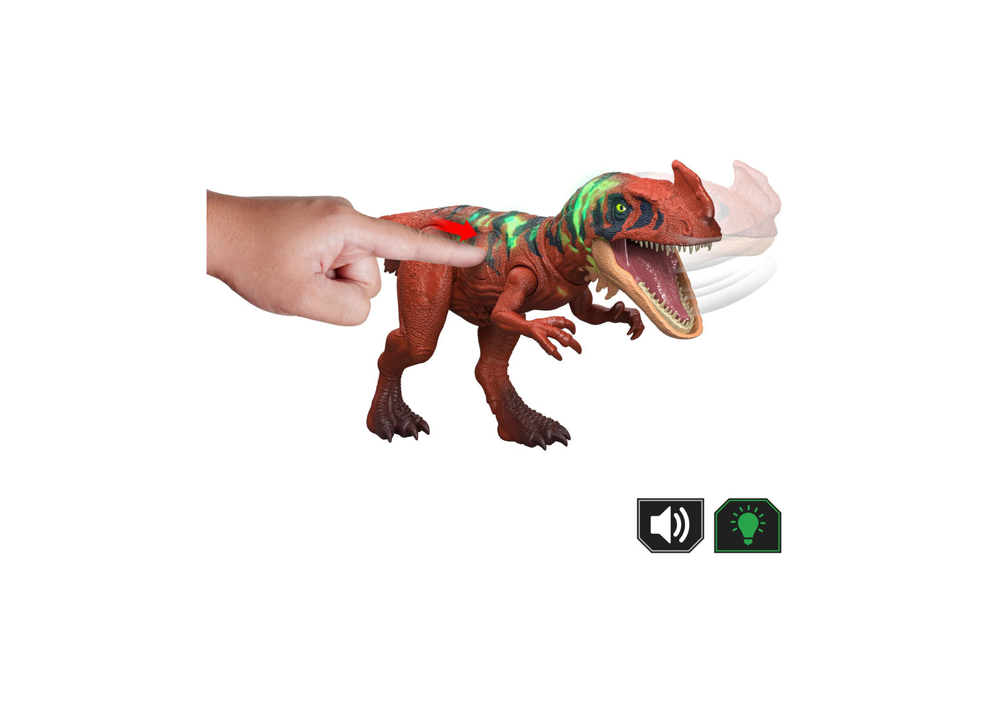 Jurassic World Wild Roar Afrovenator dinosaur toy with red coloring, sound and light features