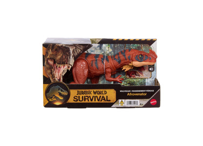Jurassic World Survival Afrovenator dinosaur action figure with wild roar feature in red and blue