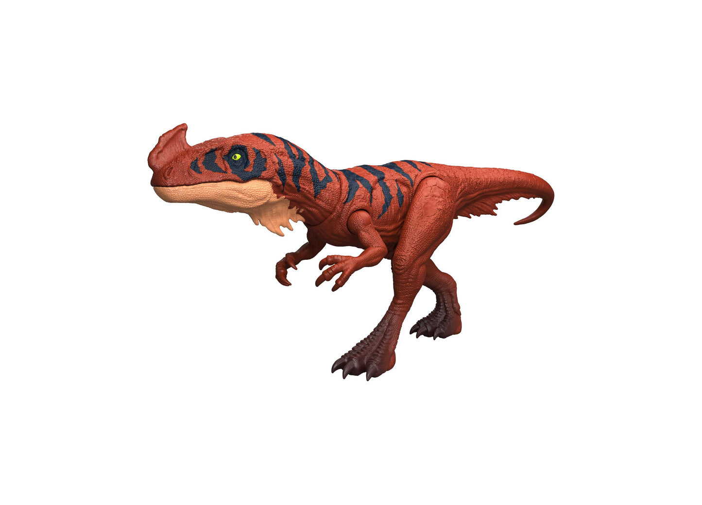 Jurassic World Wild Roar Afrovenator dinosaur action figure in red and black with yellow eyes