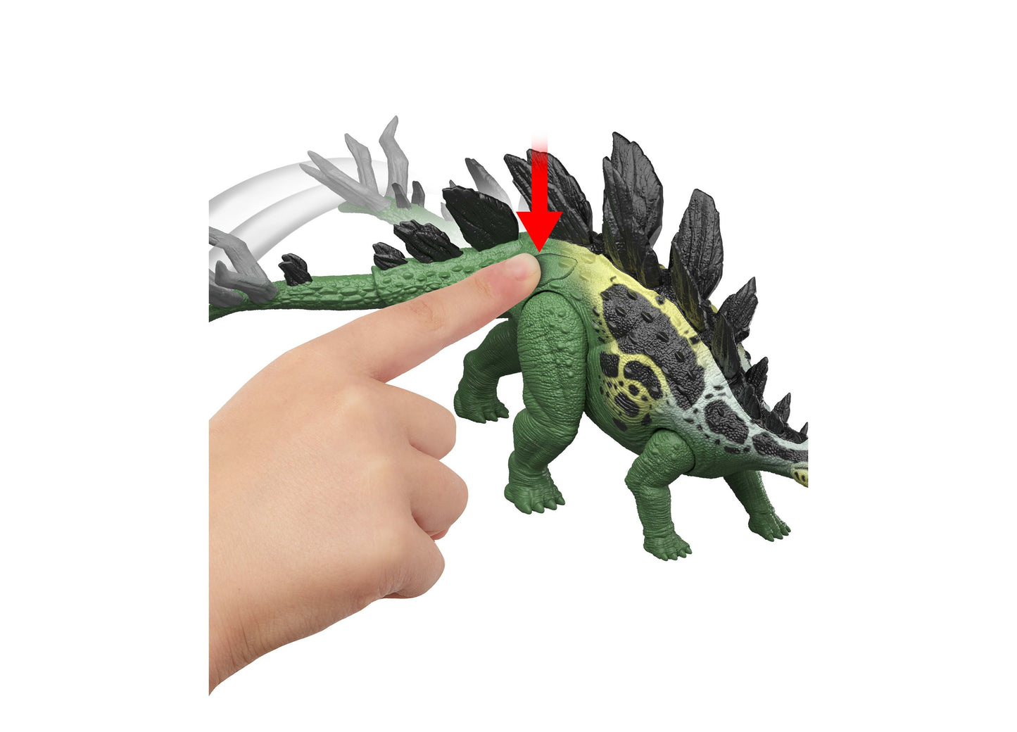 Jurassic World Stegosaurus action figure with green body, black plates, and poseable limbs held in hand