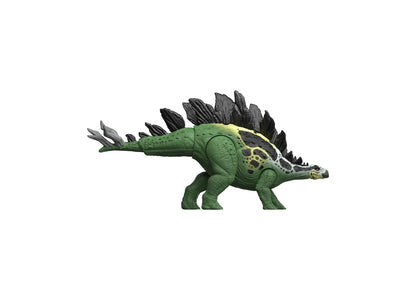 Jurassic World Stegosaurus action figure toy with green body, black plates, and detailed features