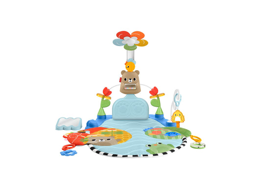Fisher-Price 3-in-1 Kick and Sway Activity Gym with bear head center, colorful flower mobile, attached toys including birds and caterpillar, and curved play mat
