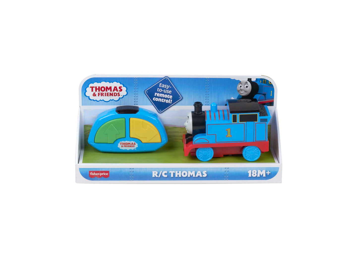 Fisher-Price R/C Thomas remote-control train with blue engine and red base, includes controller