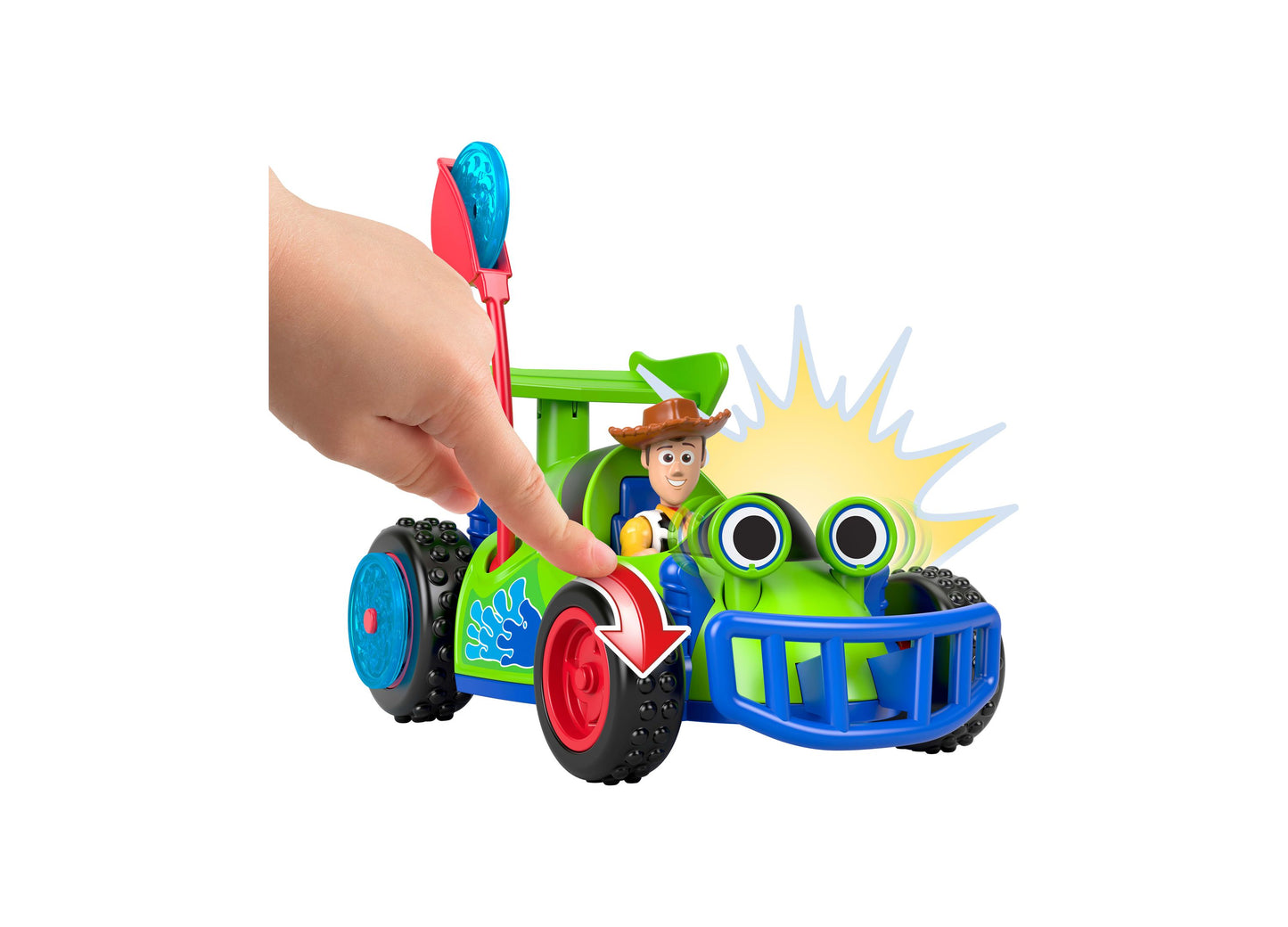 Imaginext Toy Story Woody and R.C. Playset with green vehicle, blue cage, and cowboy figure