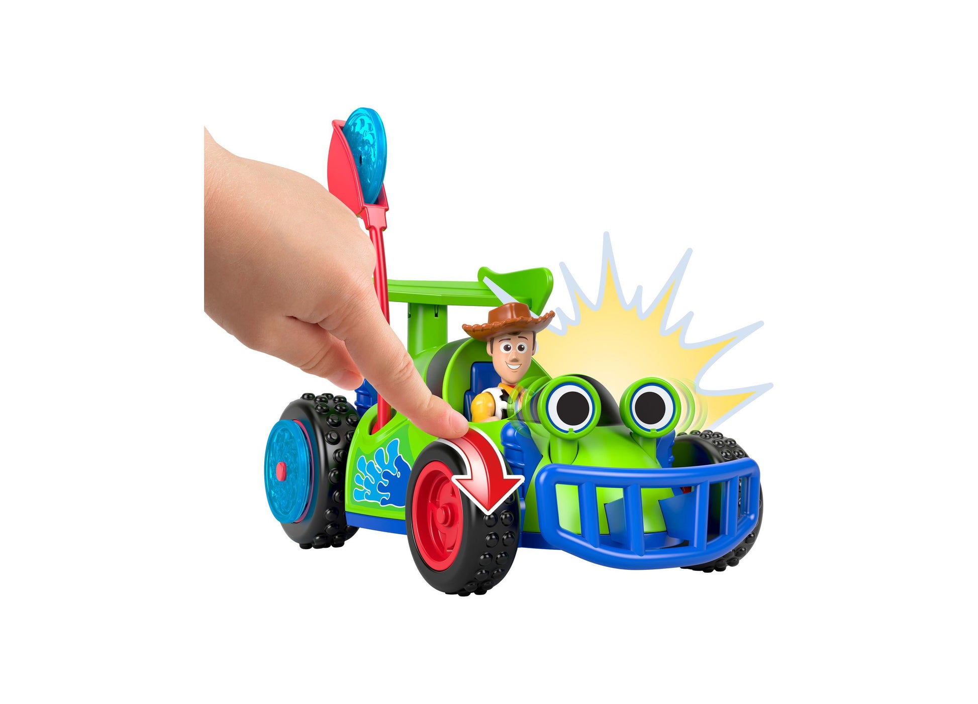 Imaginext Toy Story Woody and R.C. Playset with green vehicle, blue cage, and cowboy figure