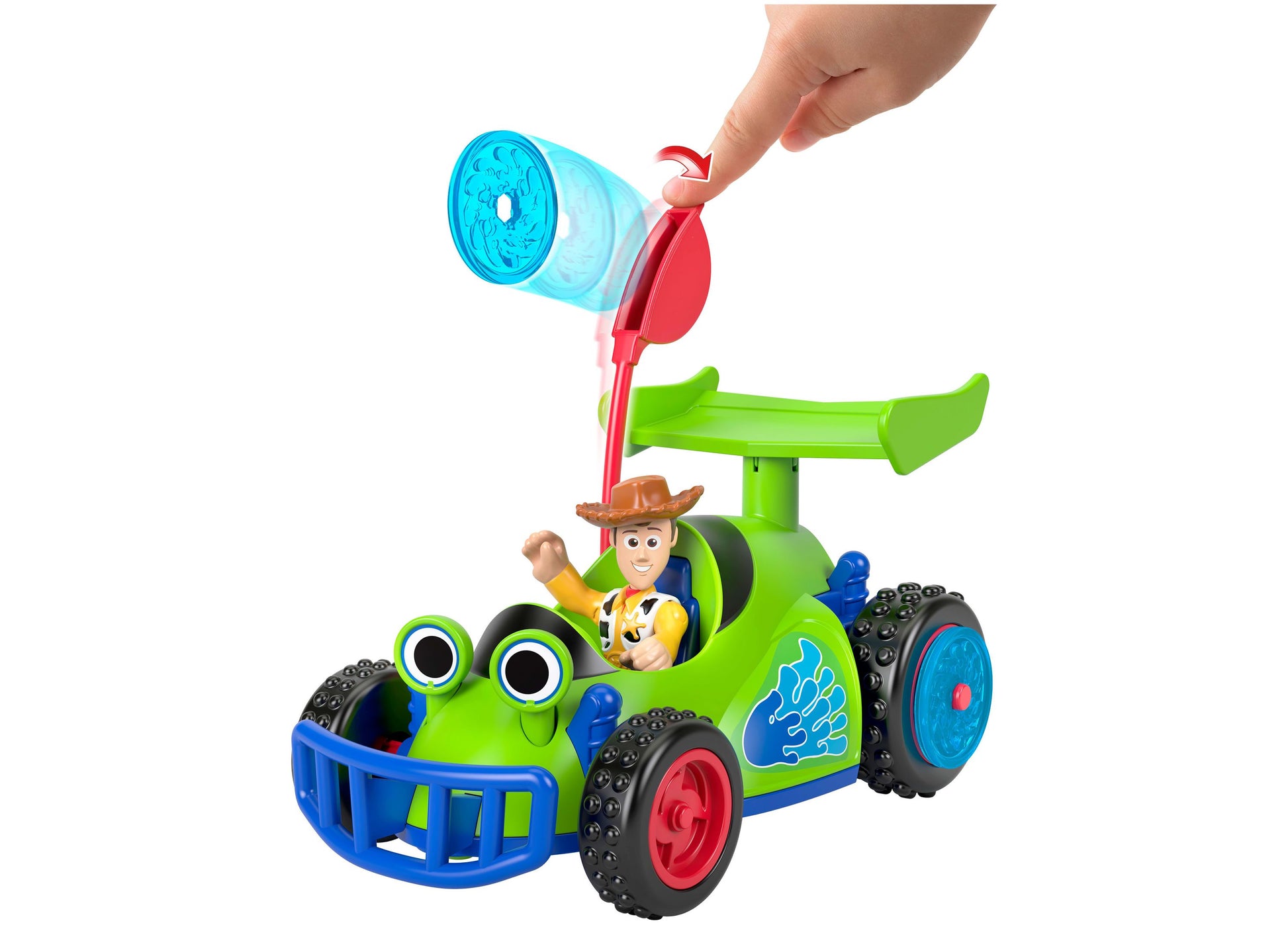 Imaginext Toy Story Woody and R.C. Playset with green car, bubble launcher, and cowboy figure